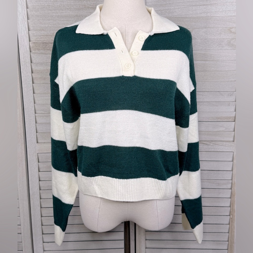 H&M (Divided) Cropped Rugby Stripe Sweater Green/White-Small